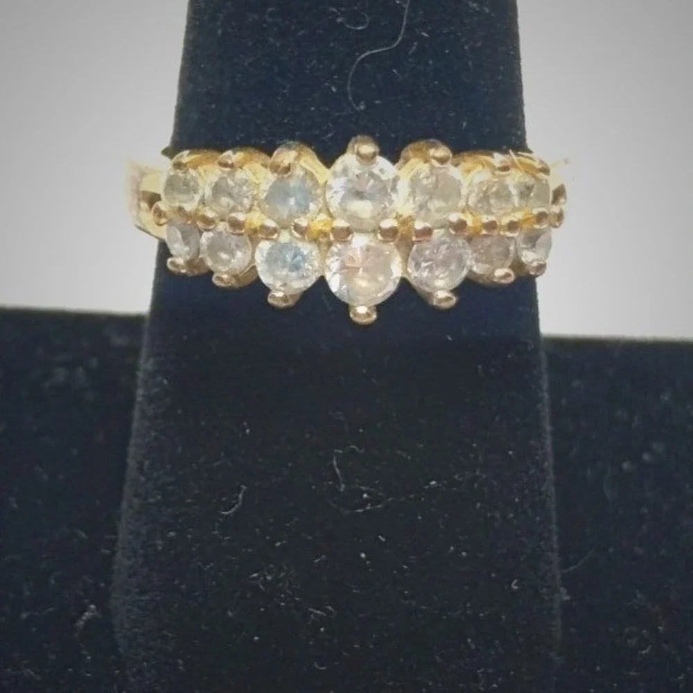 Vintage Gold Tone Two Row Cubic Zirconia Cluster Band Ring Size 8.25
